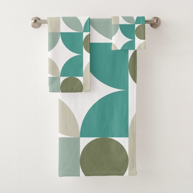 Abstract Geometric Pattern Green Teal Bath Towel Set (Insitu)