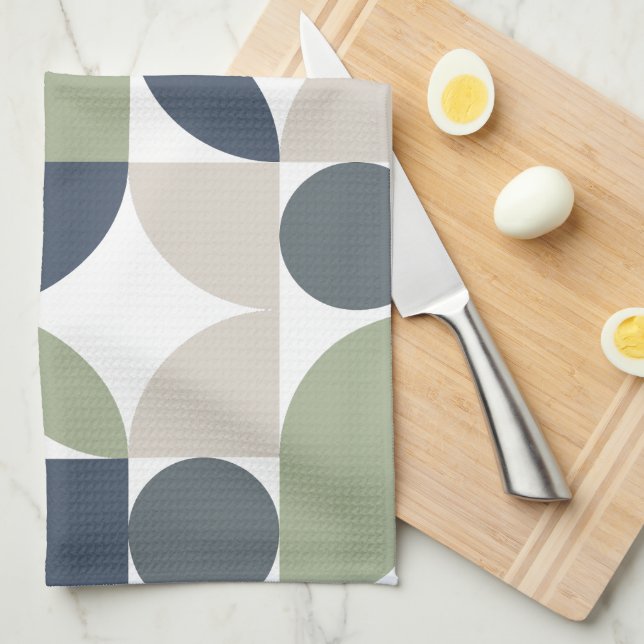Abstract Geometric Pattern Grey Green Mid Century Tea Towel (Quarter Fold)