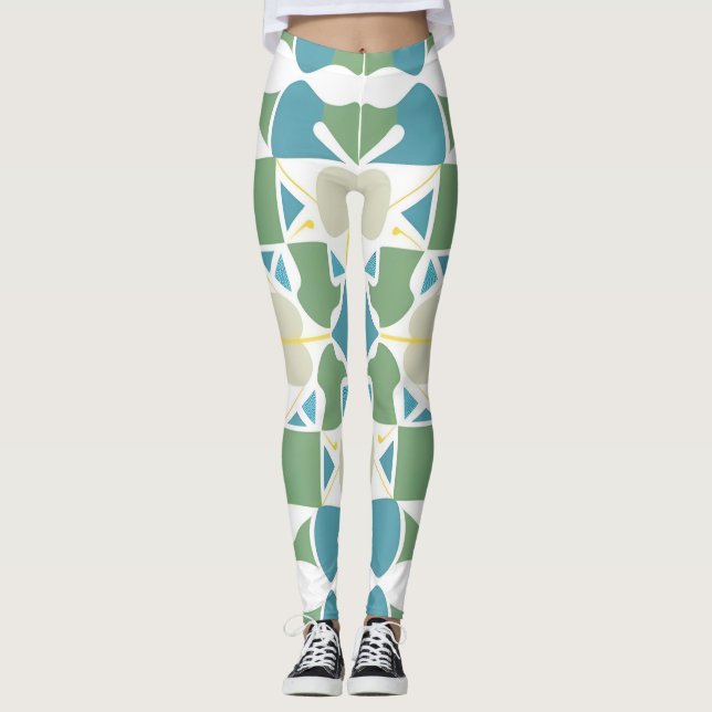 Abstract Geometric Pattern in Green and Blue Leggings (Front)