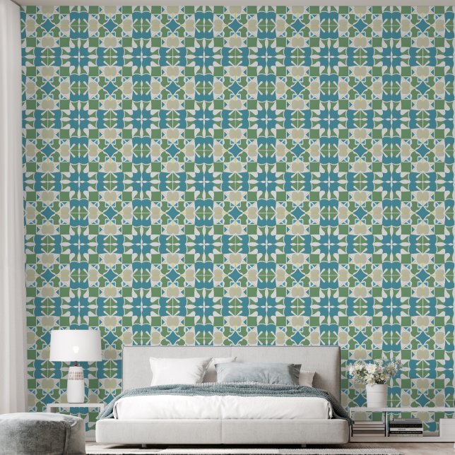 Abstract Geometric Pattern in Green and Blue Wallpaper (Bedroom)