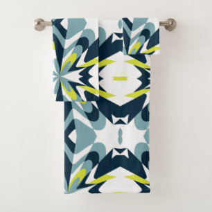 Abstract Geometric Pattern in Navy, Teal, and Lime Bath Towel Set