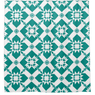 Abstract Geometric Pattern in White and Green Shower Curtain