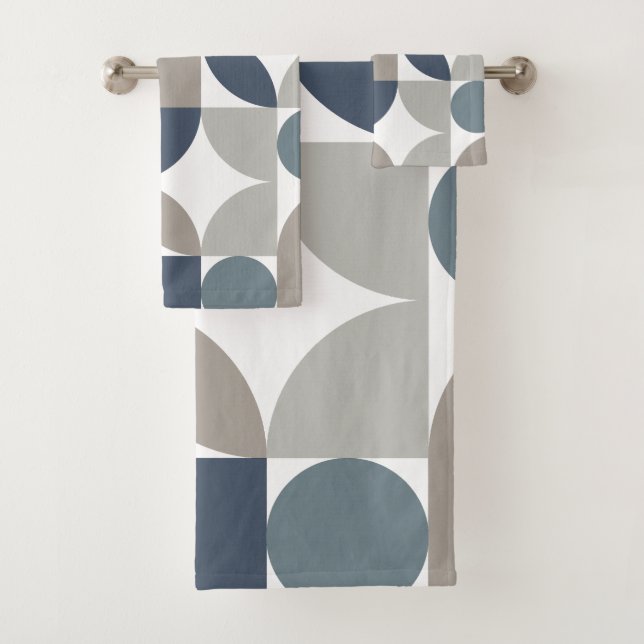 Abstract Geometric Pattern Navy Blue Grey Bath Towel Set (Insitu)