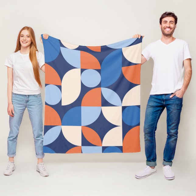 Abstract Geometric Pattern Orange Blue Fleece Blanket (In Situ)