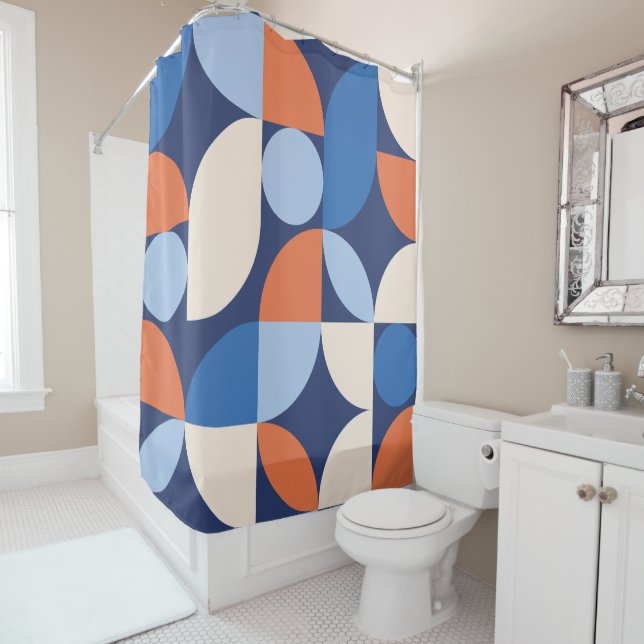 Abstract Geometric Pattern Orange Blue Shower Curtain (In Situ)