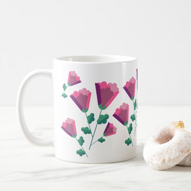 Abstract Geometric Pink Flowers Coffee Mug (With Donut)