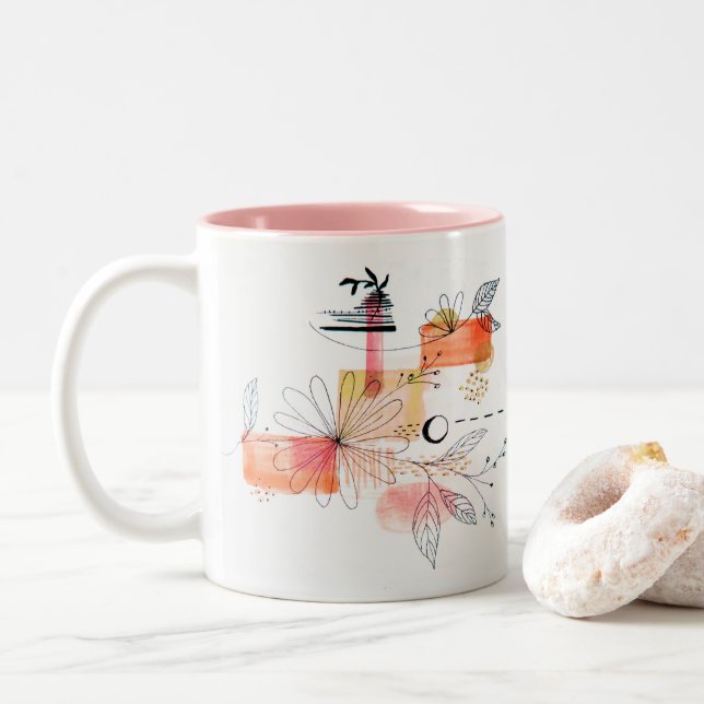 Abstract Geometric Pink Orange Black Two-Tone Coffee Mug (With Donut)
