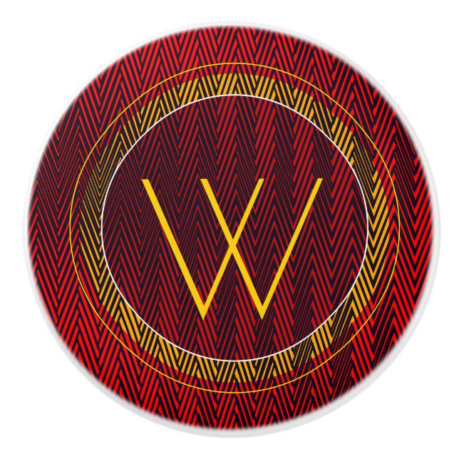 Abstract Geometric Red and Black Stripes Monogram Ceramic Knob (Front)