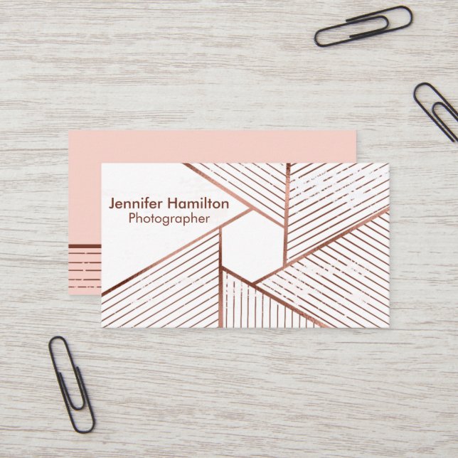 Abstract Geometric Rose Gold Foil Photographer Business Card (Front/Back In Situ)
