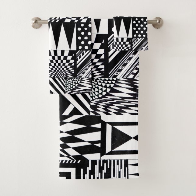 abstract geometric shapes black white pattern hand bath towel set (Insitu)
