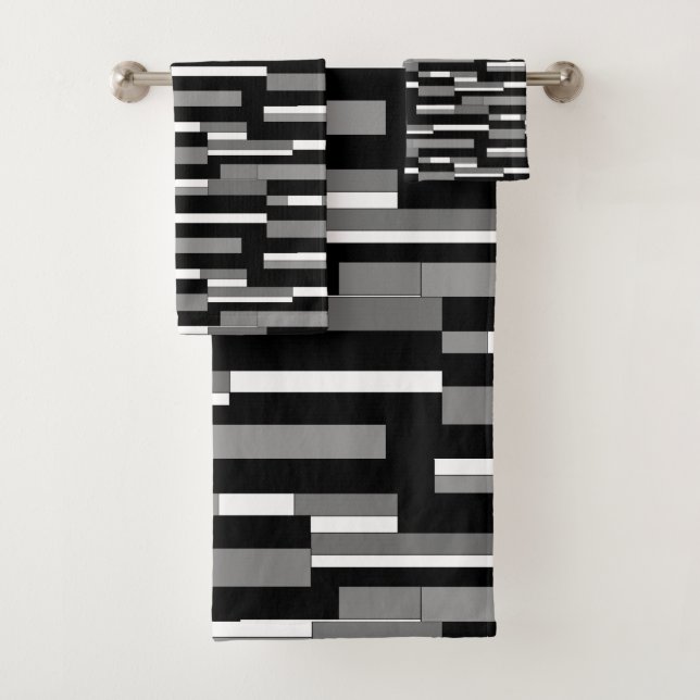 Abstract geometric shapes in black, grey & white bath towel set (Insitu)