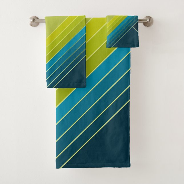 Abstract geometric shapes in lime green and teal bath towel set (Insitu)