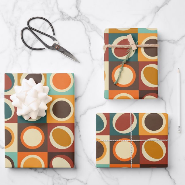 Abstract Geometric Shapes in Retro Colours Wrapping Paper Sheet (Front)