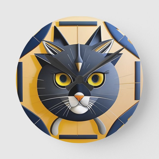 Abstract Geometric Stylised Cat Round Clock (Front)