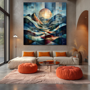 Abstract Geometric Sunrise Over Vibrant Mountains Canvas Print