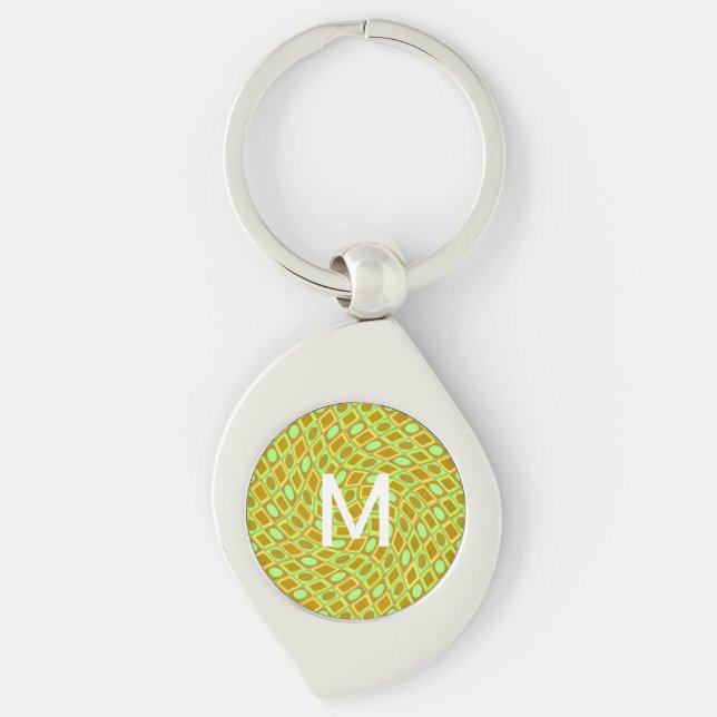 Abstract geometric swirl retro lime pattern key ring (Front)