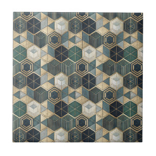 Abstract Geometric Teal & Gold Modern Pattern Tile