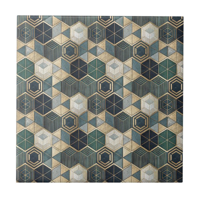 Abstract Geometric Teal & Gold Modern Pattern Tile (Front)