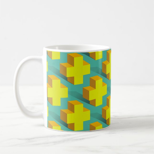 Abstract geometric texture of yellow crosses on a  coffee mug (Left)