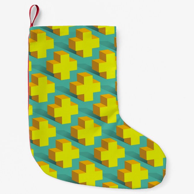 Abstract geometric texture of yellow crosses on a  small christmas stocking (Front)