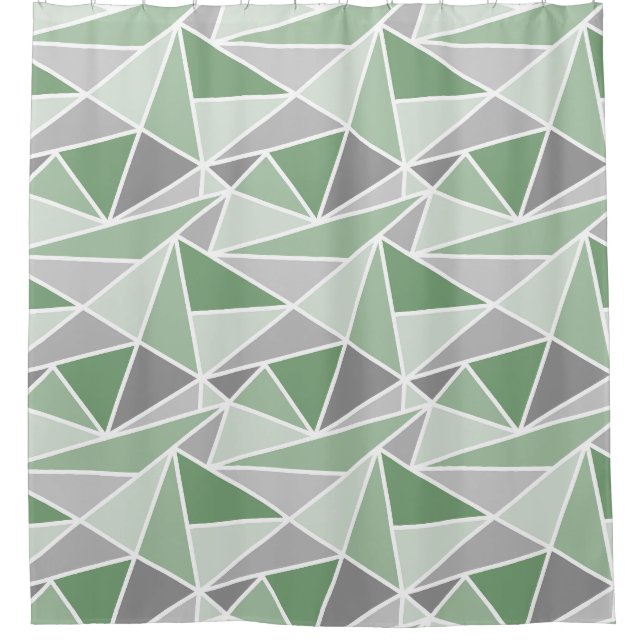 Abstract Geometric Triangles, Sage Green, Grey Shower Curtain (Front)