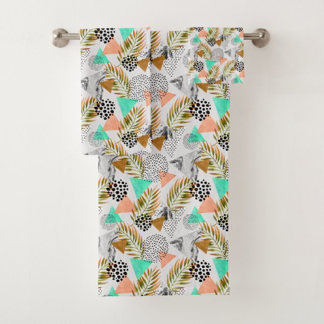Abstract Geometric Tropical Leaf Pattern Bath Towel Set (Insitu)