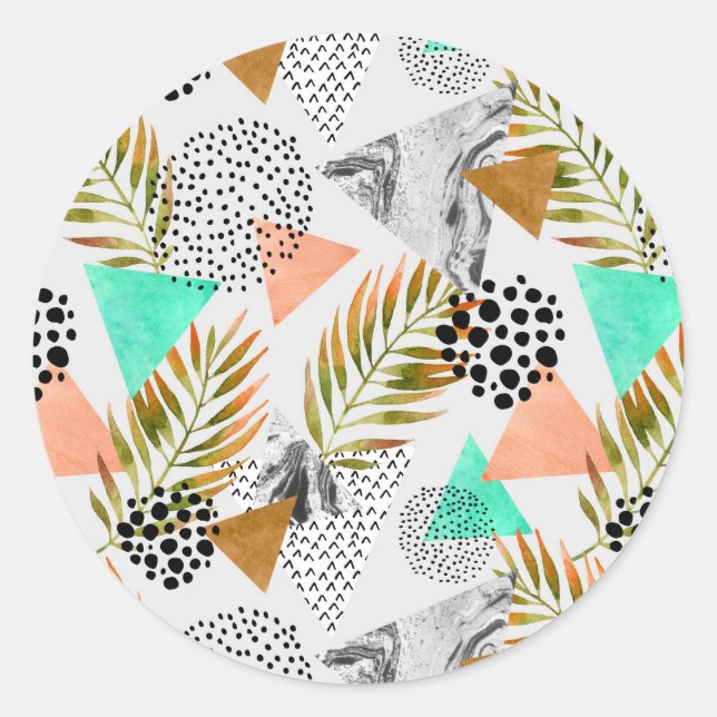 Abstract Geometric Tropical Leaf Pattern Classic Round Sticker (Front)