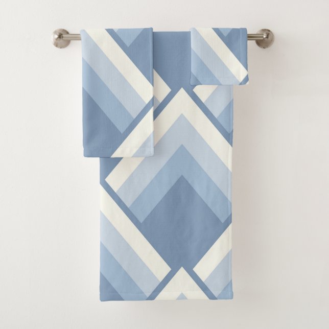Abstract geometrical, blue and off white 2 bath towel set (Insitu)