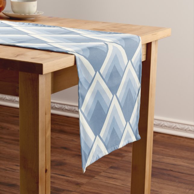 Abstract geometrical, blue and off white 2 short t table runner (In Situ)