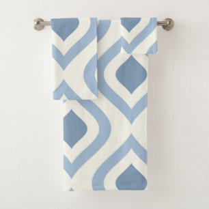 Abstract geometrical, blue and off white bath towel set