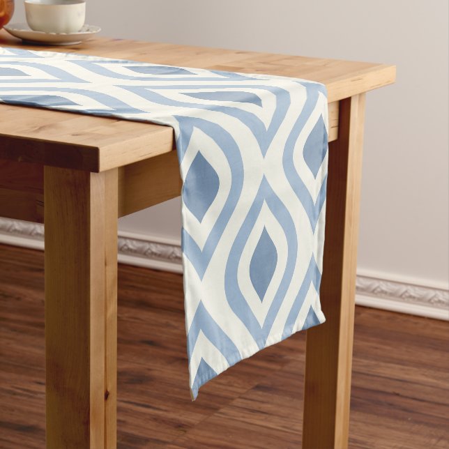 Abstract geometrical, blue and off white short tab short table runner (In Situ)