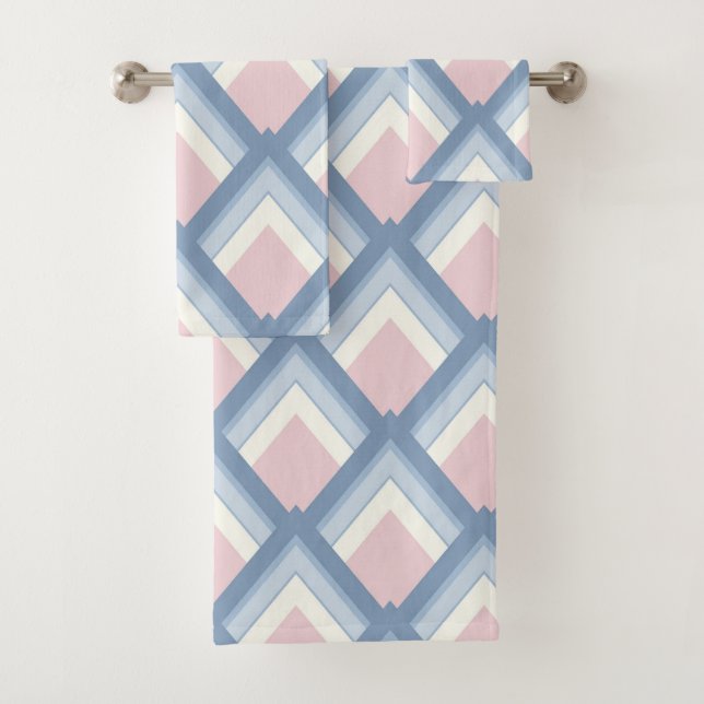 Abstract geometrical, blue, pink and off white bath towel set (Insitu)