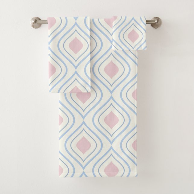 Abstract geometrical, blue, pink and off white bath towel set (Insitu)