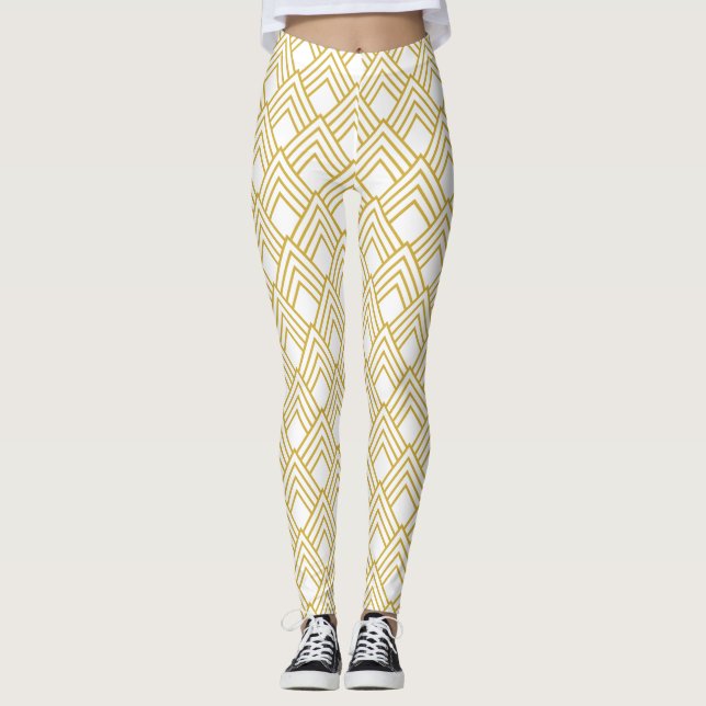 Abstract geometrical, white and gold leggings (Front)