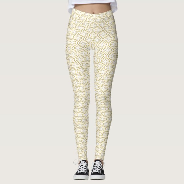 Abstract geometrical, white and gold leggings (Front)