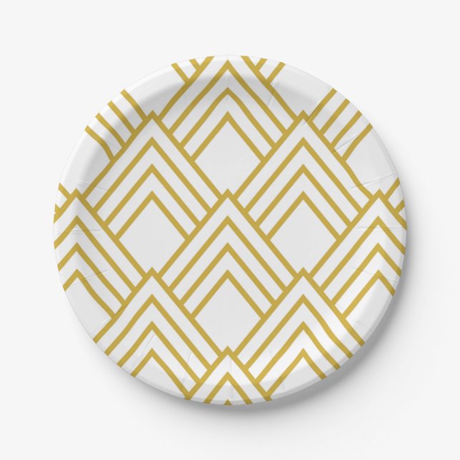 Abstract geometrical, white and gold paper plates (Front)