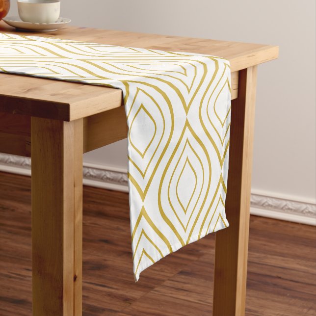 Abstract geometrical, white and gold short table r short table runner (In Situ)