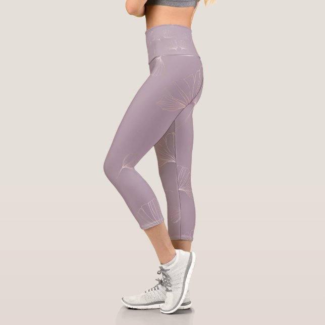Abstract Ginkgo Biloba Botanical Rose Gold Capri Leggings (Left)