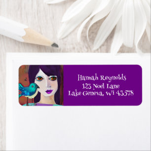 Abstract Girl and Bird Purple and Teal