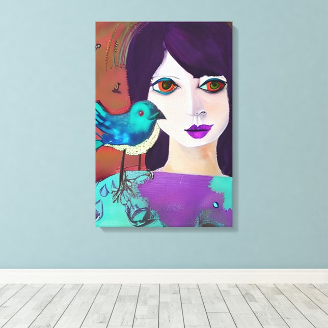 Abstract Girl and Bird Purple and Teal Canvas Print (Insitu(Wood Floor))