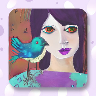 Abstract Girl and Bird Purple and Teal Square Sticker
