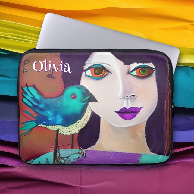 Abstract Girl & Bird Purple and Teal Personalised Laptop Sleeve (Creator Uploaded)