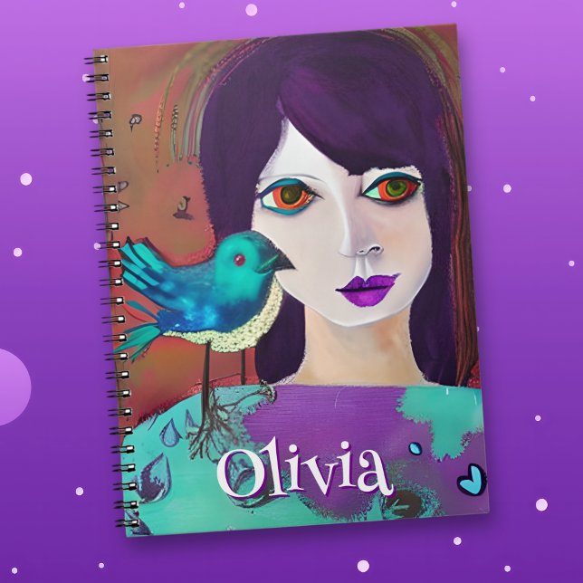 Abstract Girl & Bird Purple and Teal Personalised Notebook (Creator Uploaded)