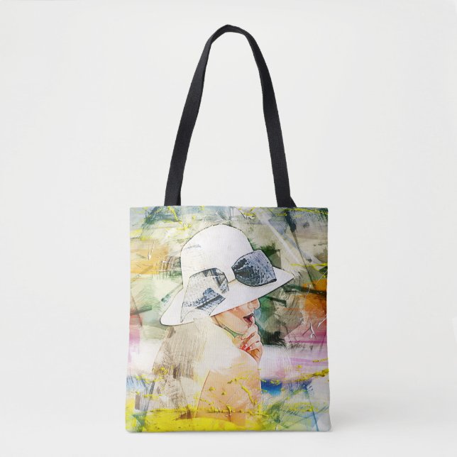 Abstract Girl White Hat Bow Ribbon Field Lip Mouth Tote Bag (Front)