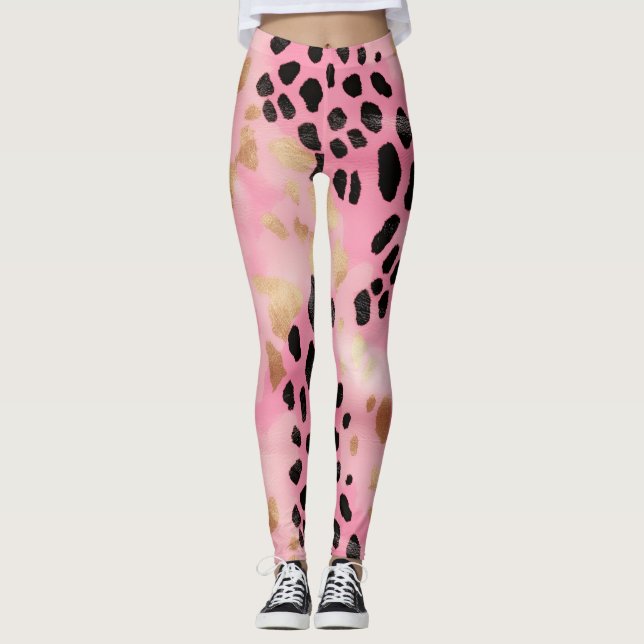 Abstract Girly Glam Pink Gold Black Leopard Print Leggings (Front)