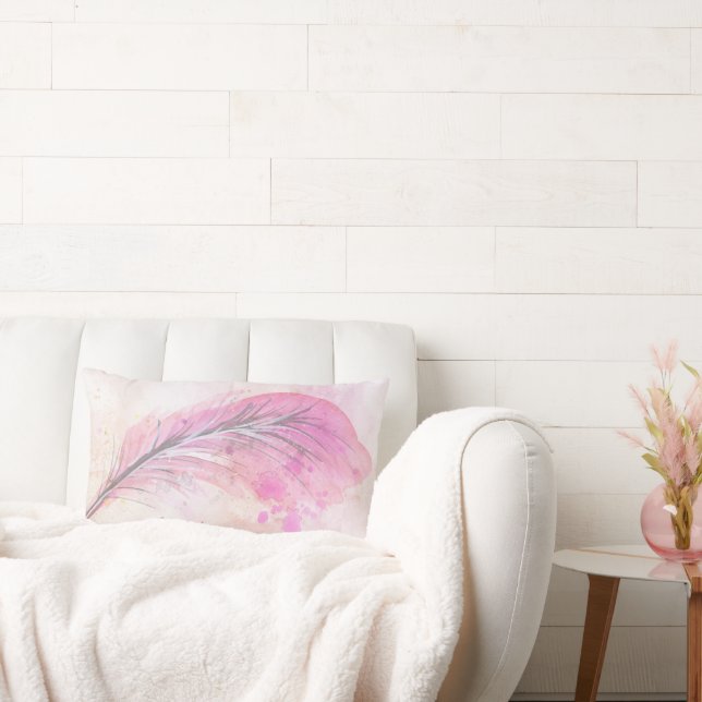 Abstract Girly Pink Watercolor Feather with Name Lumbar Cushion (Couch)