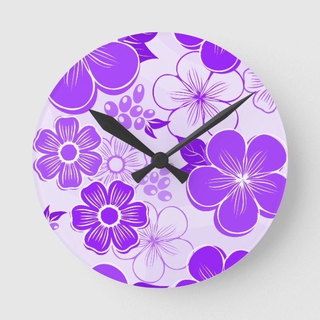 Abstract girly purple flowers round clock (Front)