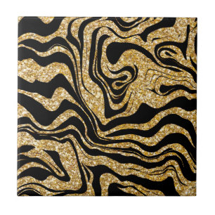 Abstract Glam Elegant Classy Black and Gold Marbly Tile