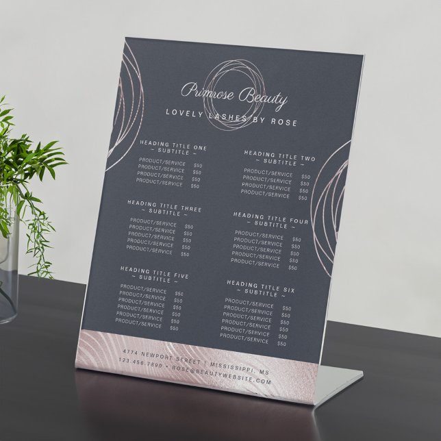 Abstract Glam Rose Gold Beauty Salon Service List Pedestal Sign (Abstract Glam Rose Gold Beauty Salon Service List Pedestal Sign)