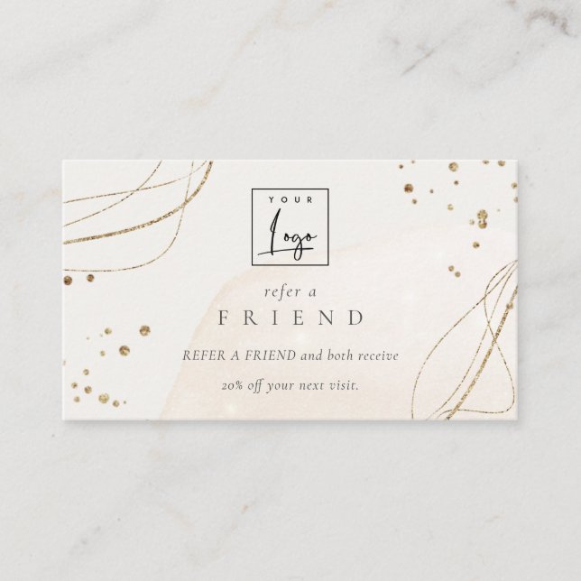 Abstract Glitter Ivory Gold Refer A Friend Logo Business Card (Front)